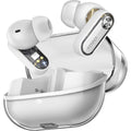 White wireless earbuds with charging case on a white background