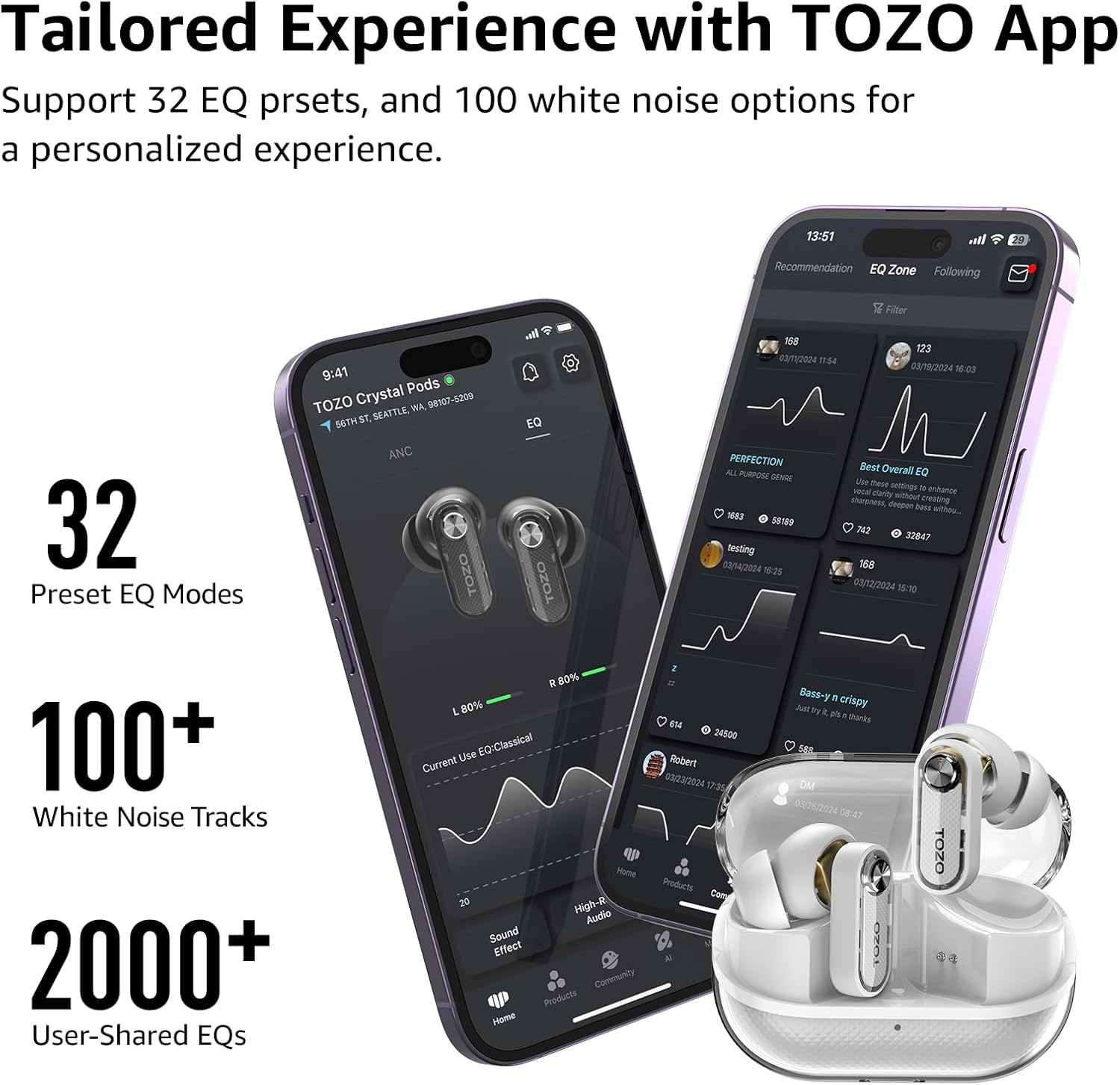Hybrid Active Noise Cancelling Wireless Earbuds 35H Playtime IPX5 TOZO