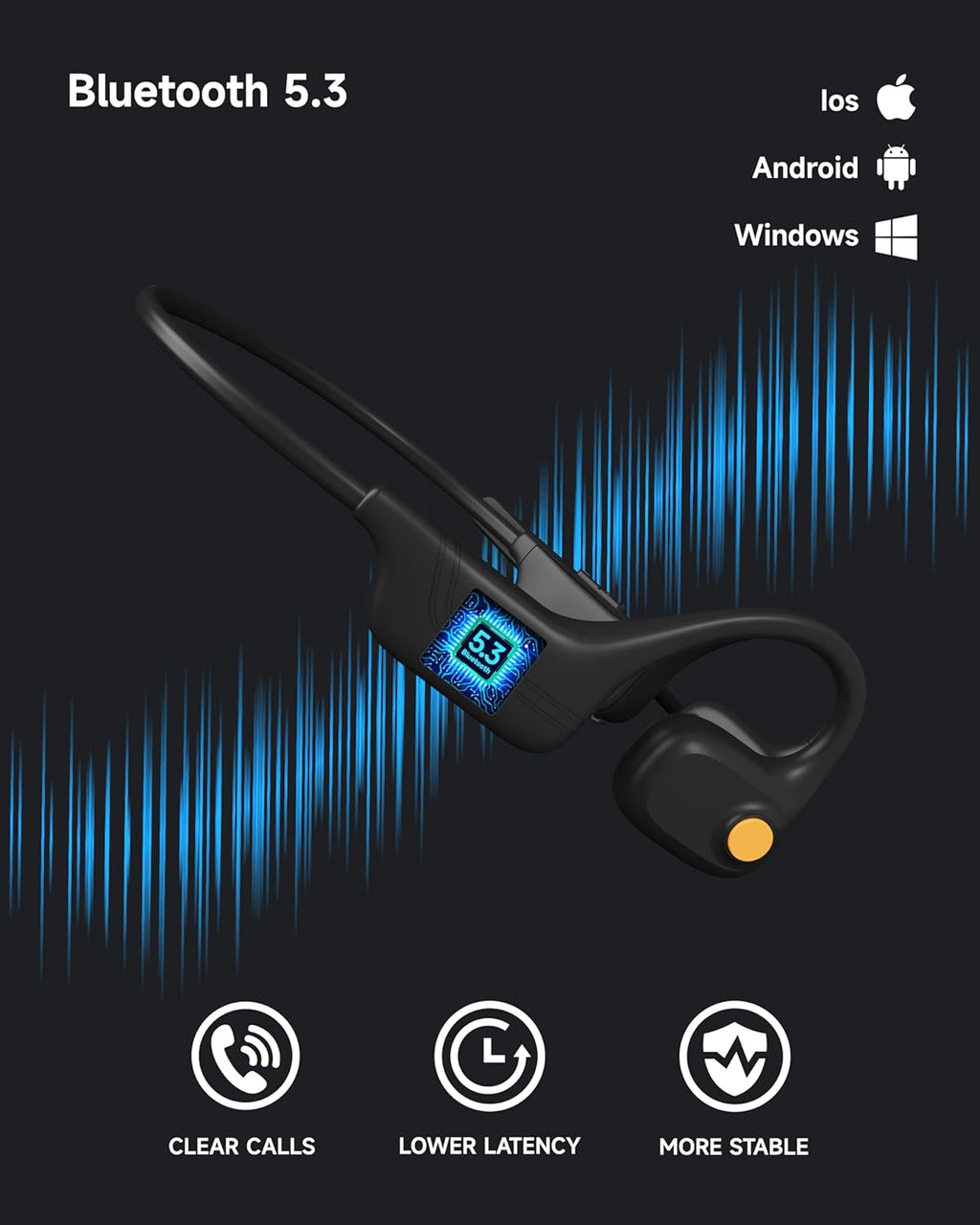 LOBKIN Open-Ear Headphones Wireless Headset with Mic Noise Cancelling Black