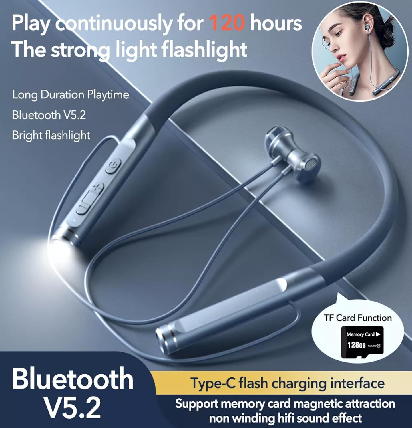 Wireless Neckband Earphones, Bluetooth 5.2, 120h Battery, TF Card Flashlight